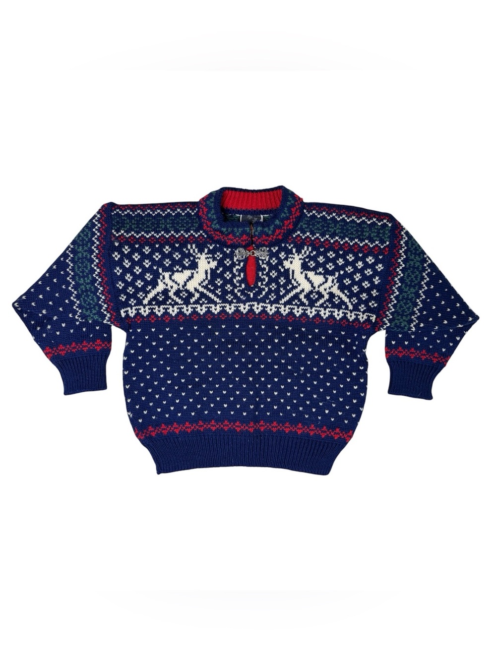 VTG Dale of Norway Sweater Wool Knit Reindeer Fair Isle Kids Size 6 Navy Blue